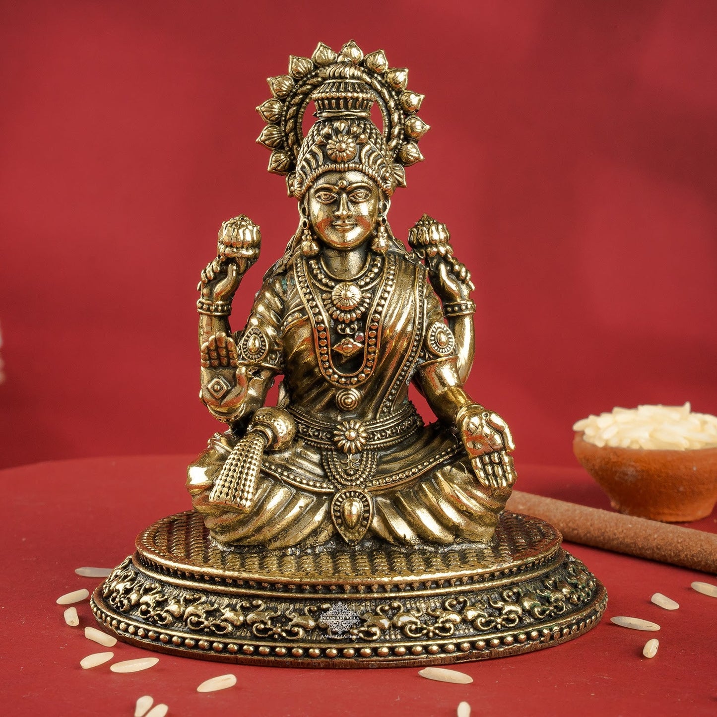 Pure Brass Laxmi Ji Murti 9 cm- Brass Murti for Wealth & Prosperity