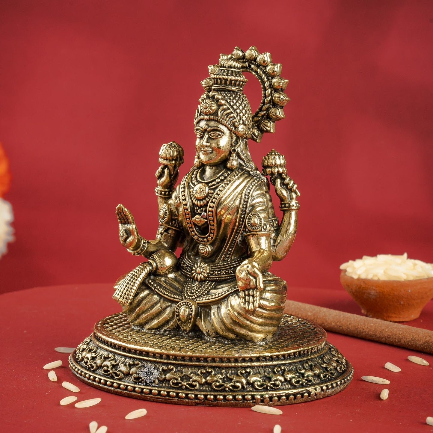 Pure Brass Laxmi Ji Murti 9 cm- Brass Murti for Wealth & Prosperity