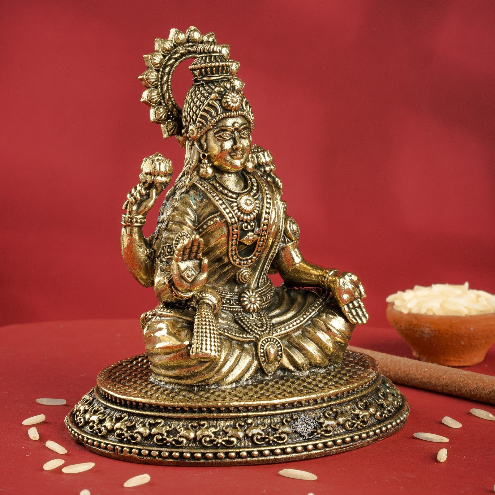 Pure Brass Laxmi Ji Murti 9 cm- Brass Murti for Wealth & Prosperity
