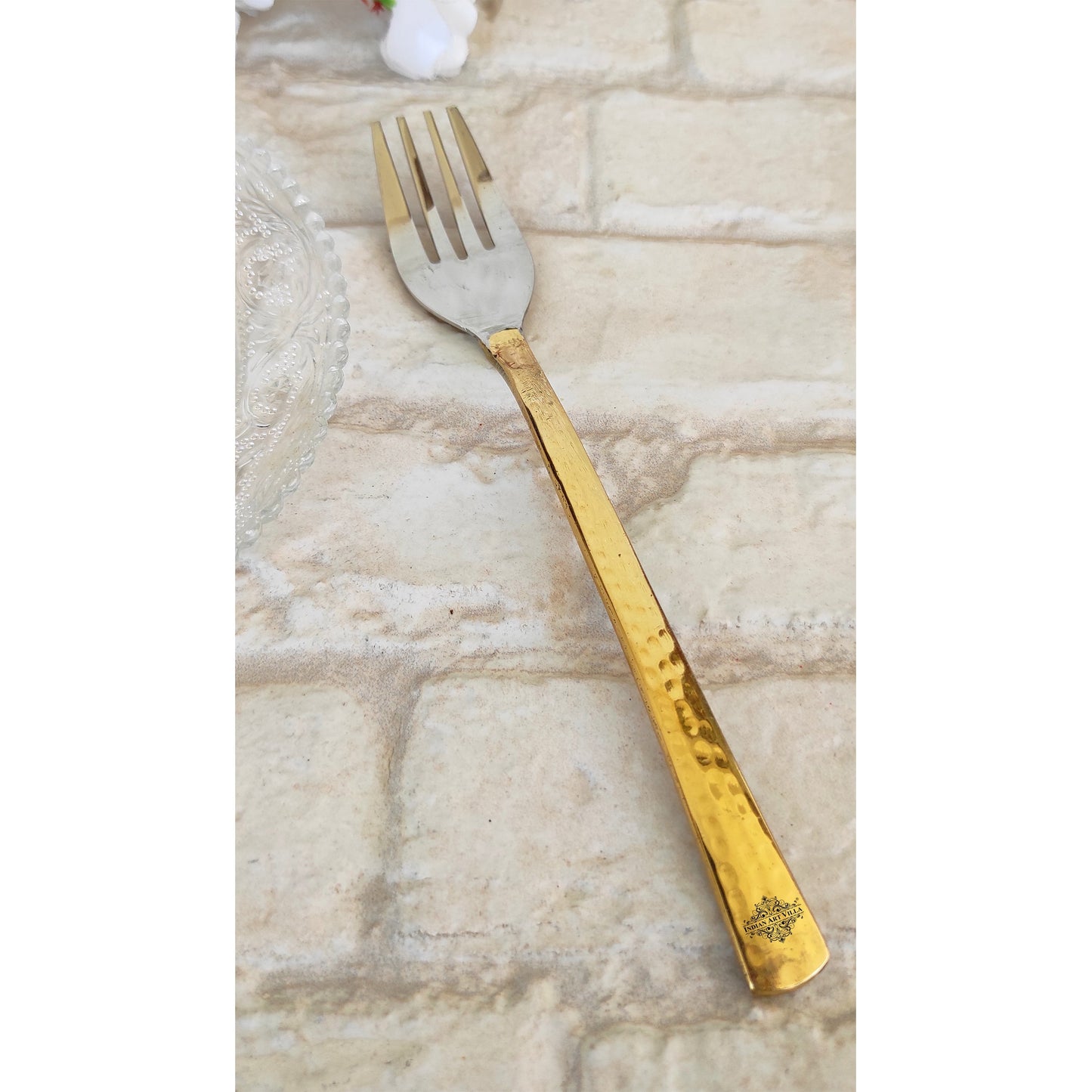 Steel Brass Fork With Hammered And Shine Finish Design