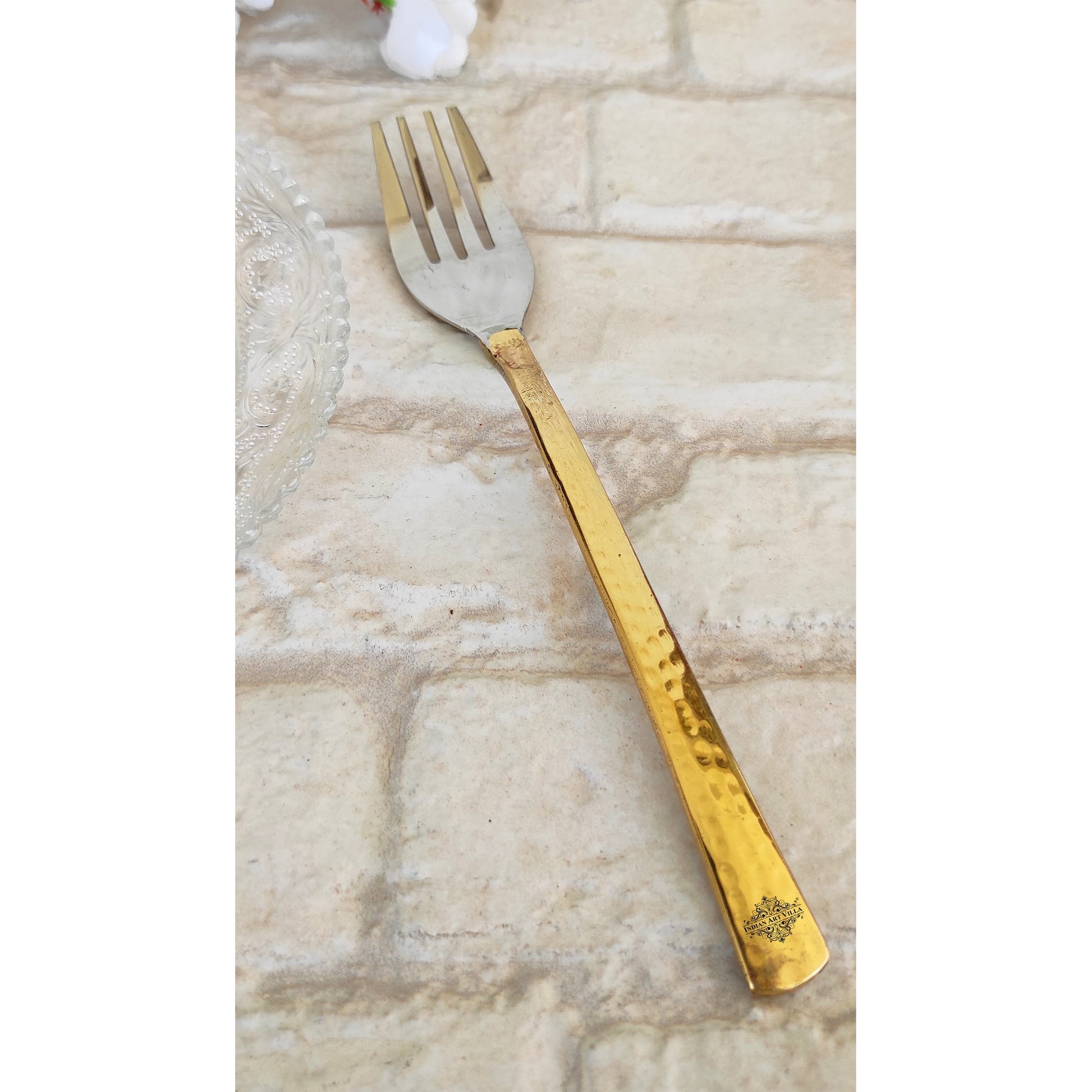 Steel Brass Fork With Hammered And Shine Finish Design