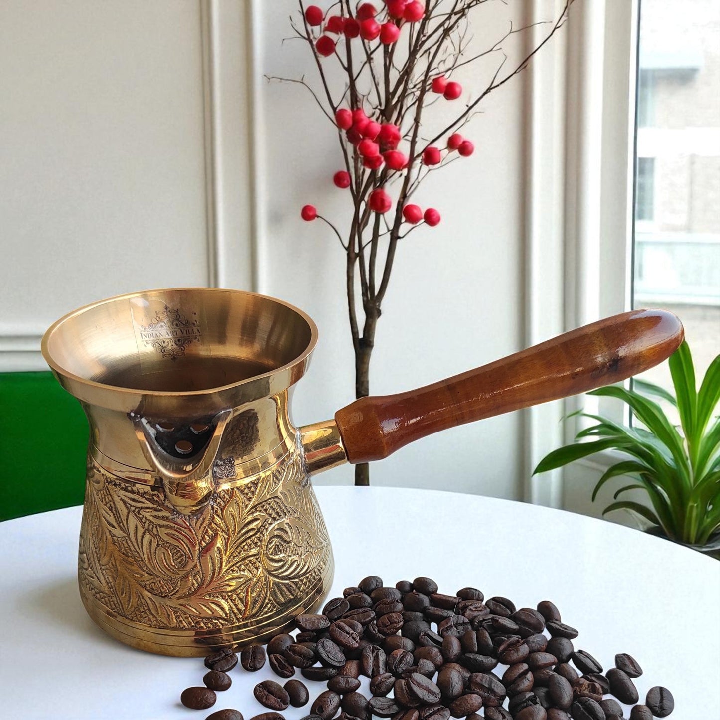 Brass Turkish Kettle Mug with wooden Handle, Coffee tea Mug Pourer, Leaf Design