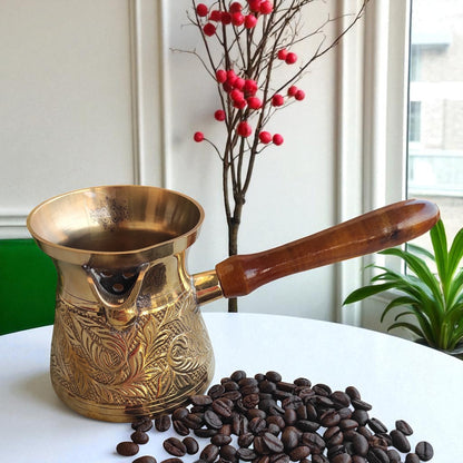 Brass Turkish Kettle Mug with wooden Handle, Coffee tea Mug Pourer, Leaf Design