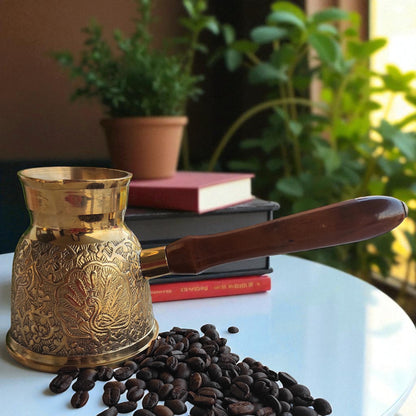 Handmade Pure Brass Turkish Kettle Mug with Wooden Handle, Coffee Tea Mug Pourer, Peacock Design