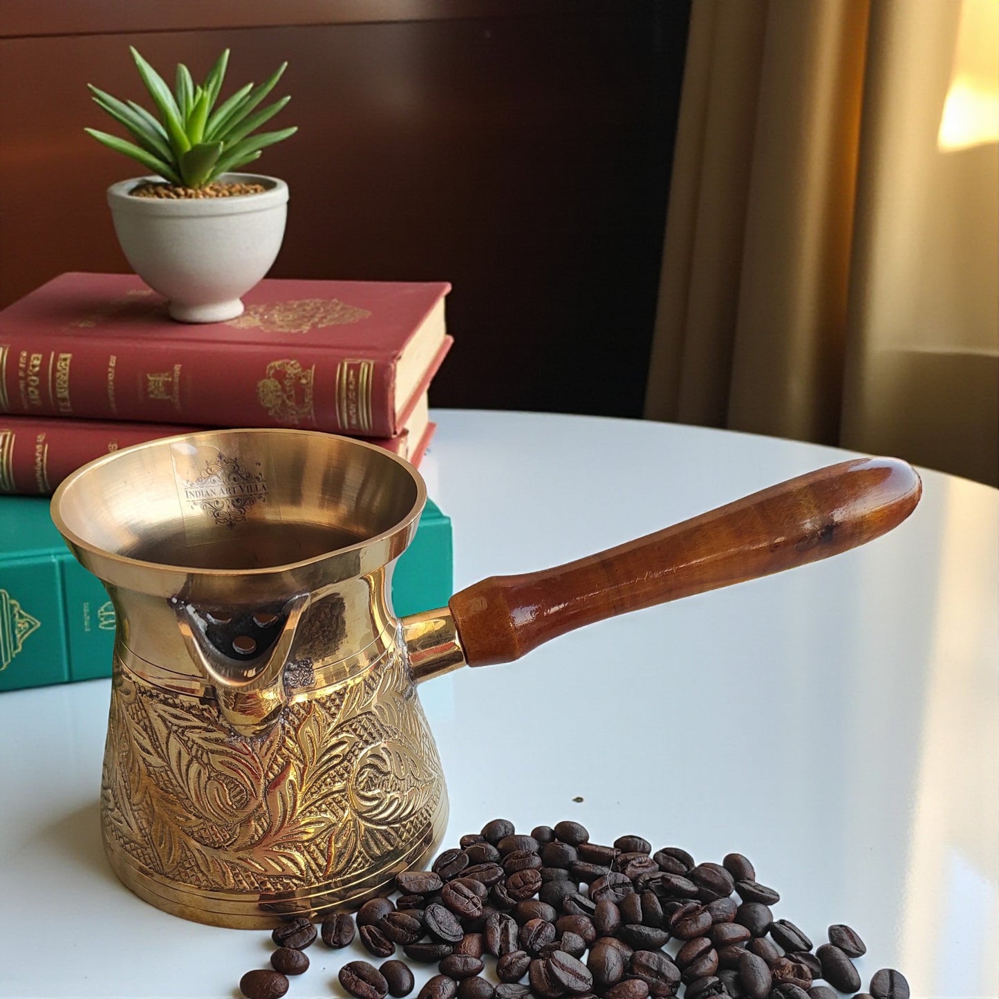 Brass Turkish Kettle Mug with wooden Handle, Coffee tea Mug Pourer, Leaf Design