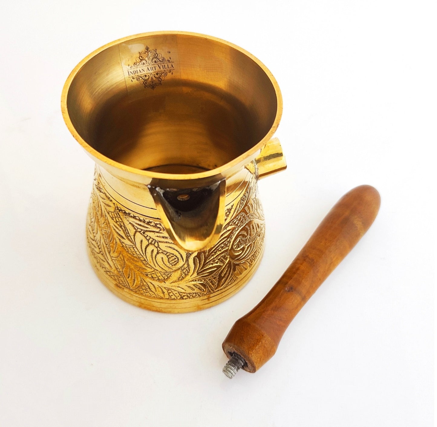 Brass Turkish Kettle Mug with wooden Handle, Coffee tea Mug Pourer, Leaf Design