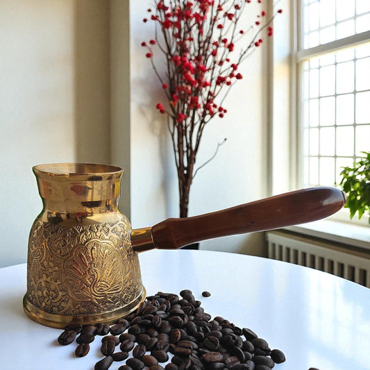 Handmade Pure Brass Turkish Kettle Mug with Wooden Handle, Coffee Tea Mug Pourer, Peacock Design