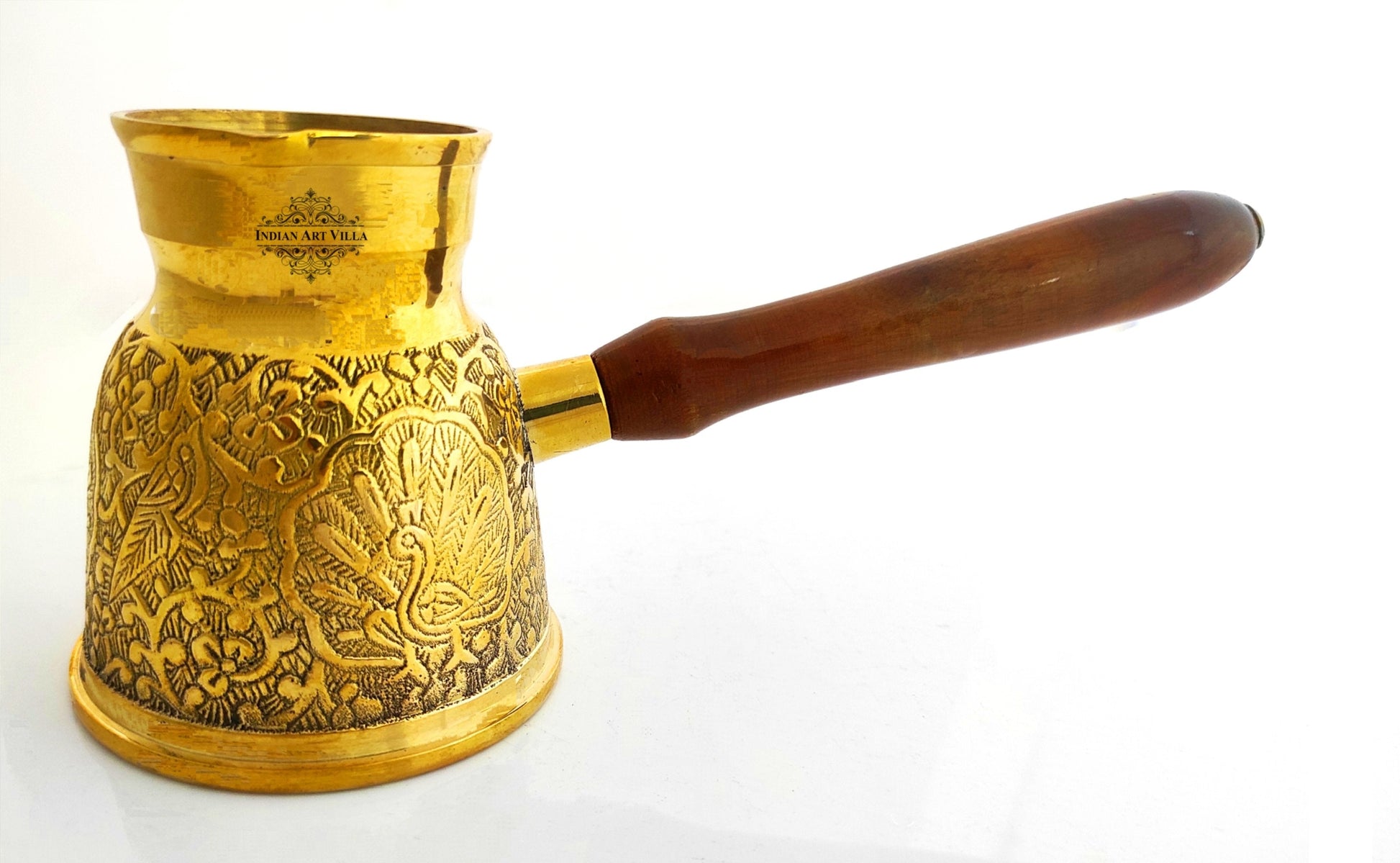 Handmade Pure Brass Turkish Kettle Mug with Wooden Handle, Coffee Tea Mug Pourer, Peacock Design