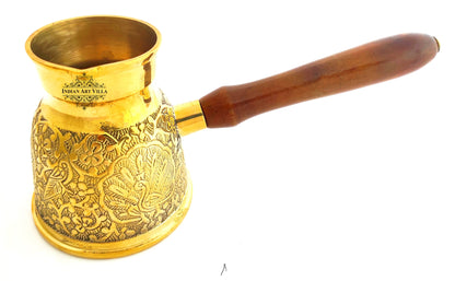 Handmade Pure Brass Turkish Kettle Mug with Wooden Handle, Coffee Tea Mug Pourer, Peacock Design