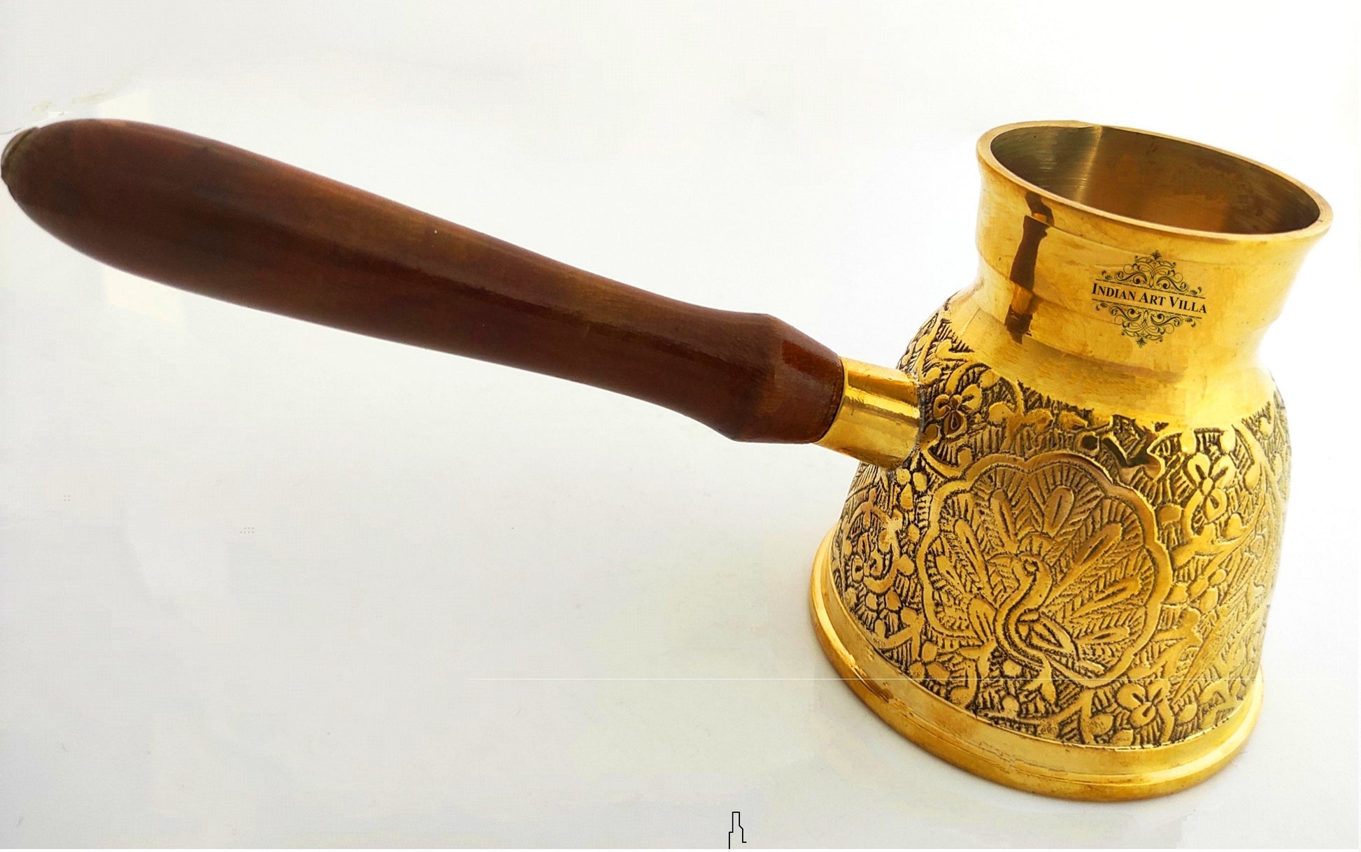 Handmade Pure Brass Turkish Kettle Mug with Wooden Handle, Coffee Tea Mug Pourer, Peacock Design