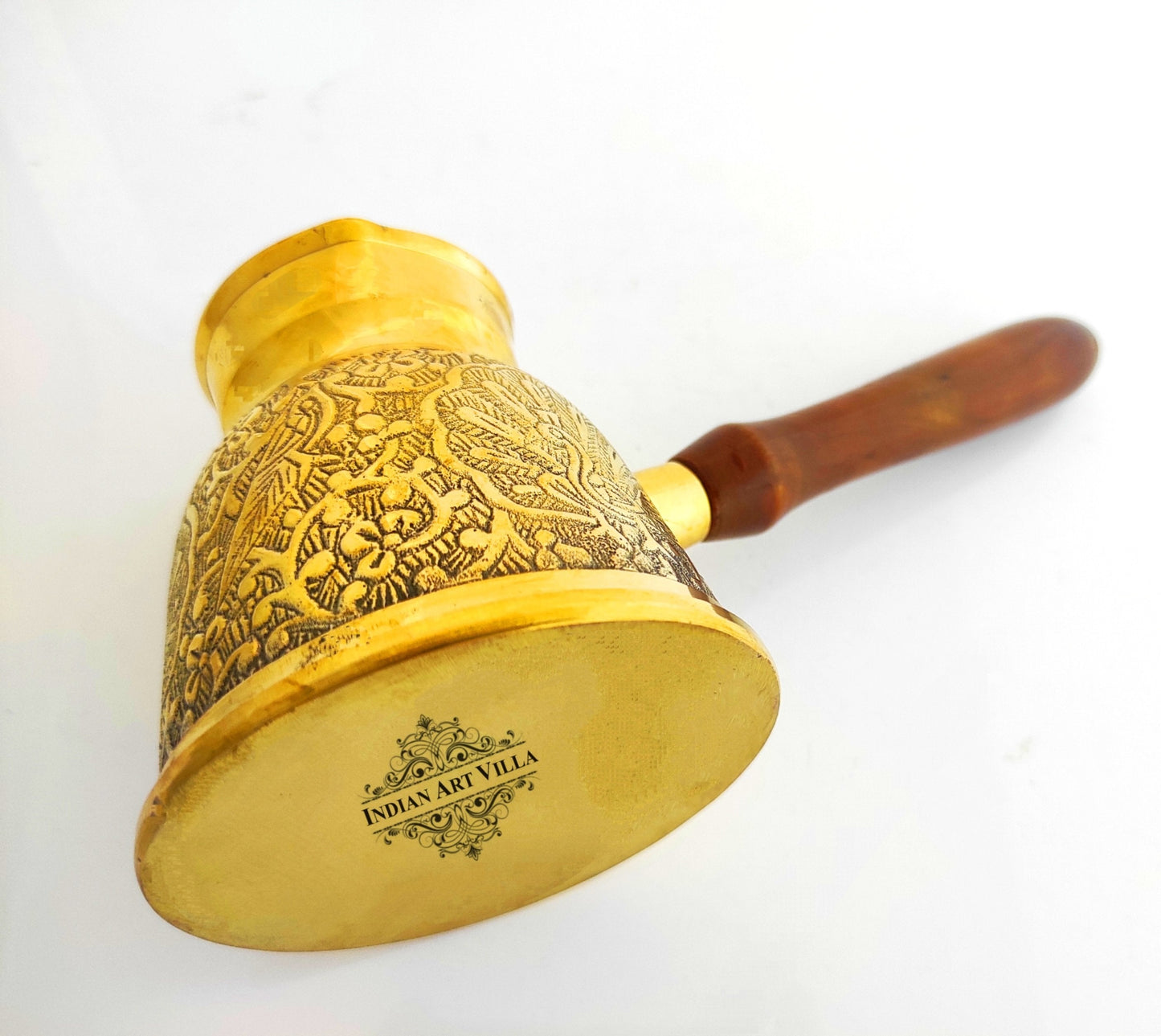Handmade Pure Brass Turkish Kettle Mug with Wooden Handle, Coffee Tea Mug Pourer, Peacock Design