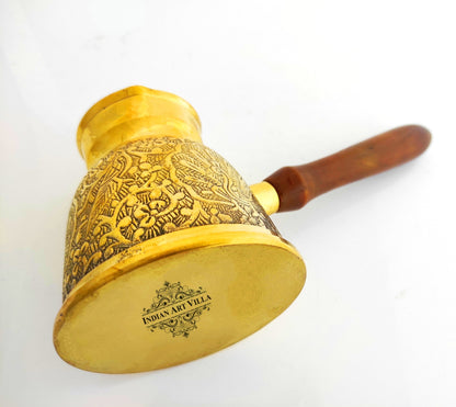 Handmade Pure Brass Turkish Kettle Mug with Wooden Handle, Coffee Tea Mug Pourer, Peacock Design