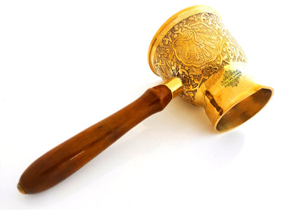 Handmade Pure Brass Turkish Kettle Mug with Wooden Handle, Coffee Tea Mug Pourer, Peacock Design