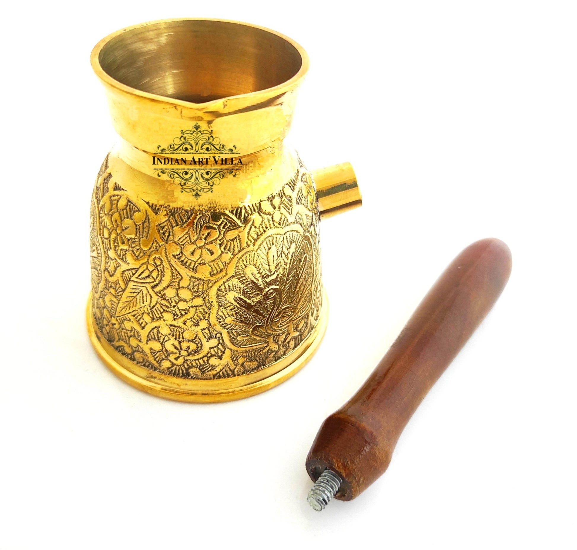 Handmade Pure Brass Turkish Kettle Mug with Wooden Handle, Coffee Tea Mug Pourer, Peacock Design