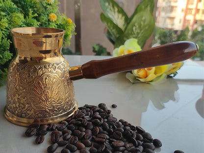 Handmade Pure Brass Turkish Kettle Mug with Wooden Handle, Coffee Tea Mug Pourer, Peacock Design