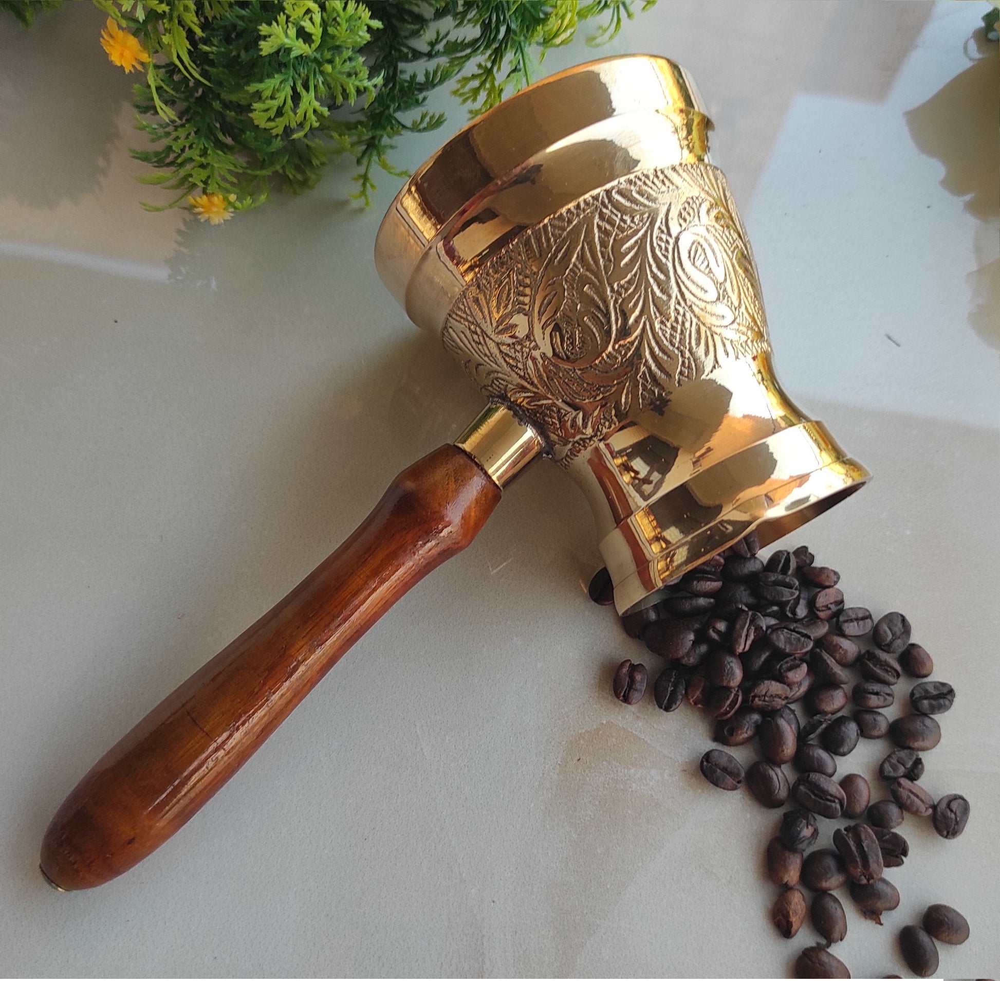 Pure Brass Turkish Kettle Mug with wooden Handle | Coffee / tea Mug Pourer