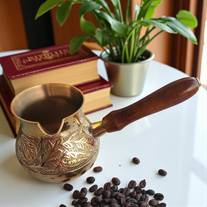 Brass Turkish Kettle Mug with Wooden Handle, Coffee Tea Mug Pourer, Matka Pot Design