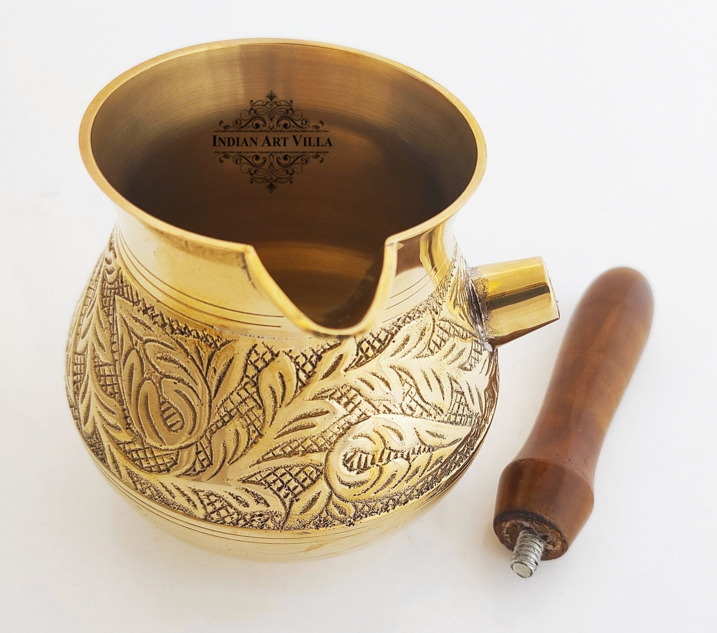 Brass Turkish Kettle Mug with Wooden Handle, Coffee Tea Mug Pourer, Matka Pot Design