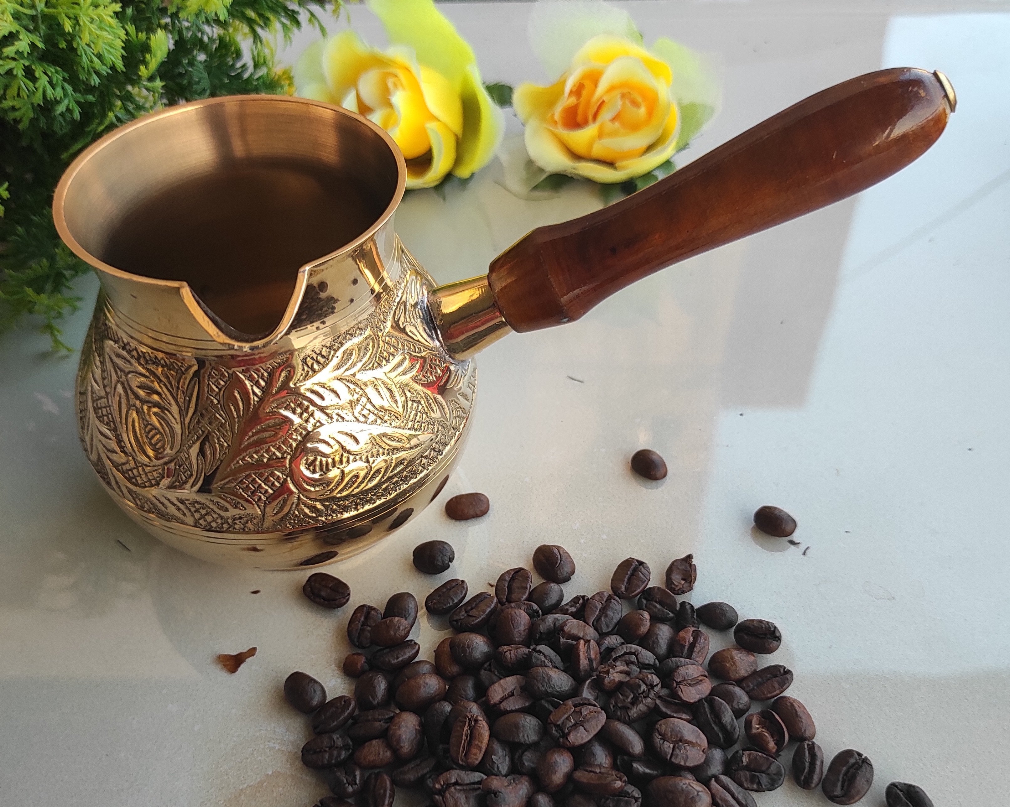 Brass Turkish Kettle Mug with Wooden Handle, Coffee Tea Mug Pourer, Matka Pot Design