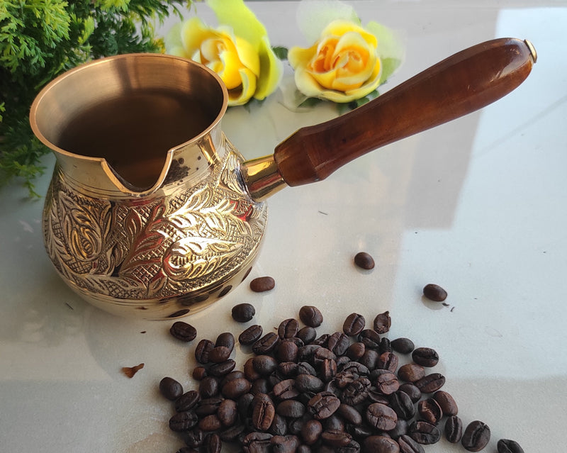 Brass Turkish Kettle Mug with Wooden Handle, Coffee Tea Mug Pourer, Matka Pot Design
