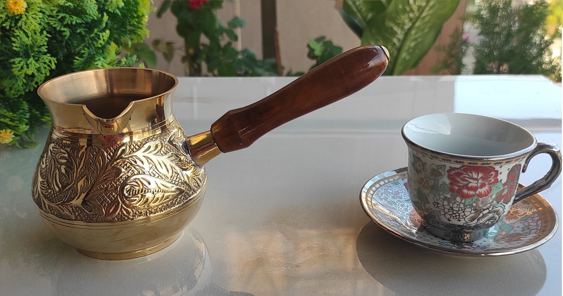 Brass Turkish Kettle Mug with Wooden Handle, Coffee Tea Mug Pourer, Matka Pot Design