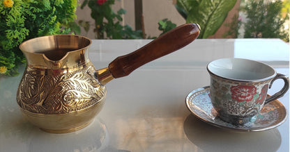 Brass Turkish Kettle Mug with Wooden Handle, Coffee Tea Mug Pourer, Matka Pot Design