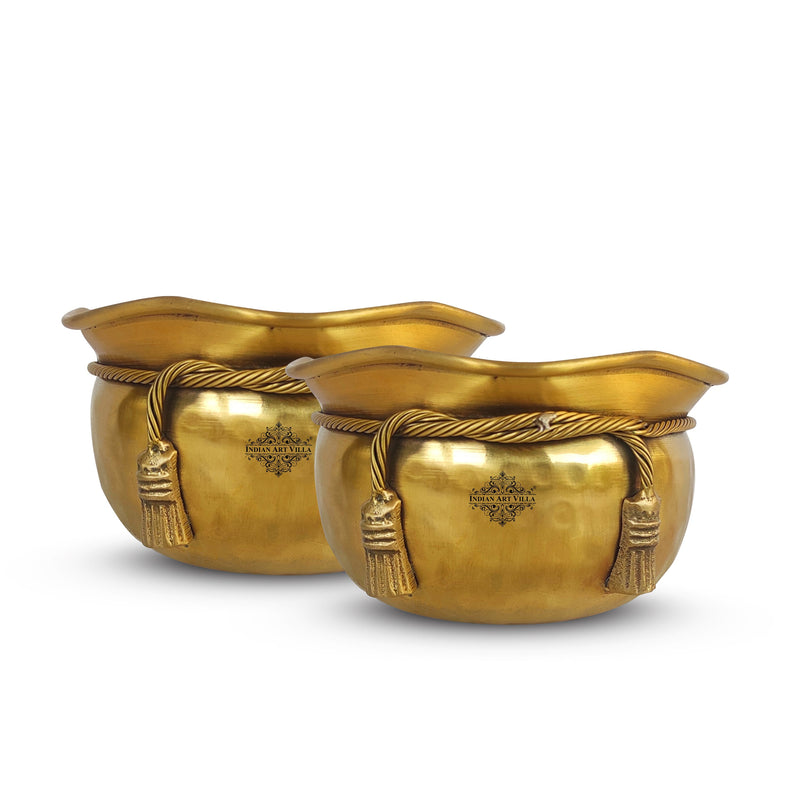 Pure Brass Matt Finish Hammered Design Multipurpose Bowl With Knot On Neck, Decorative Bowl for Home, Office and Table Decor, Volume-700 ML
