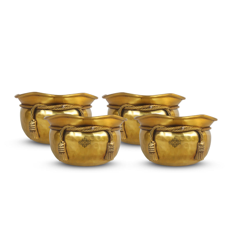 Pure Brass Matt Finish Hammered Design Multipurpose Bowl With Knot On Neck, Decorative Bowl for Home, Office and Table Decor, Volume-700 ML