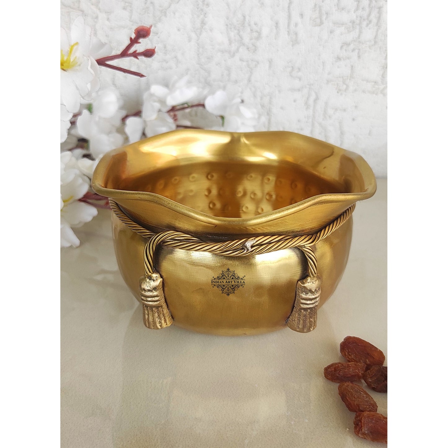 Pure Brass Matt Finish Hammered Design Multipurpose Bowl With Knot On Neck, Decorative Bowl for Home, Office and Table Decor, Volume-700 ML