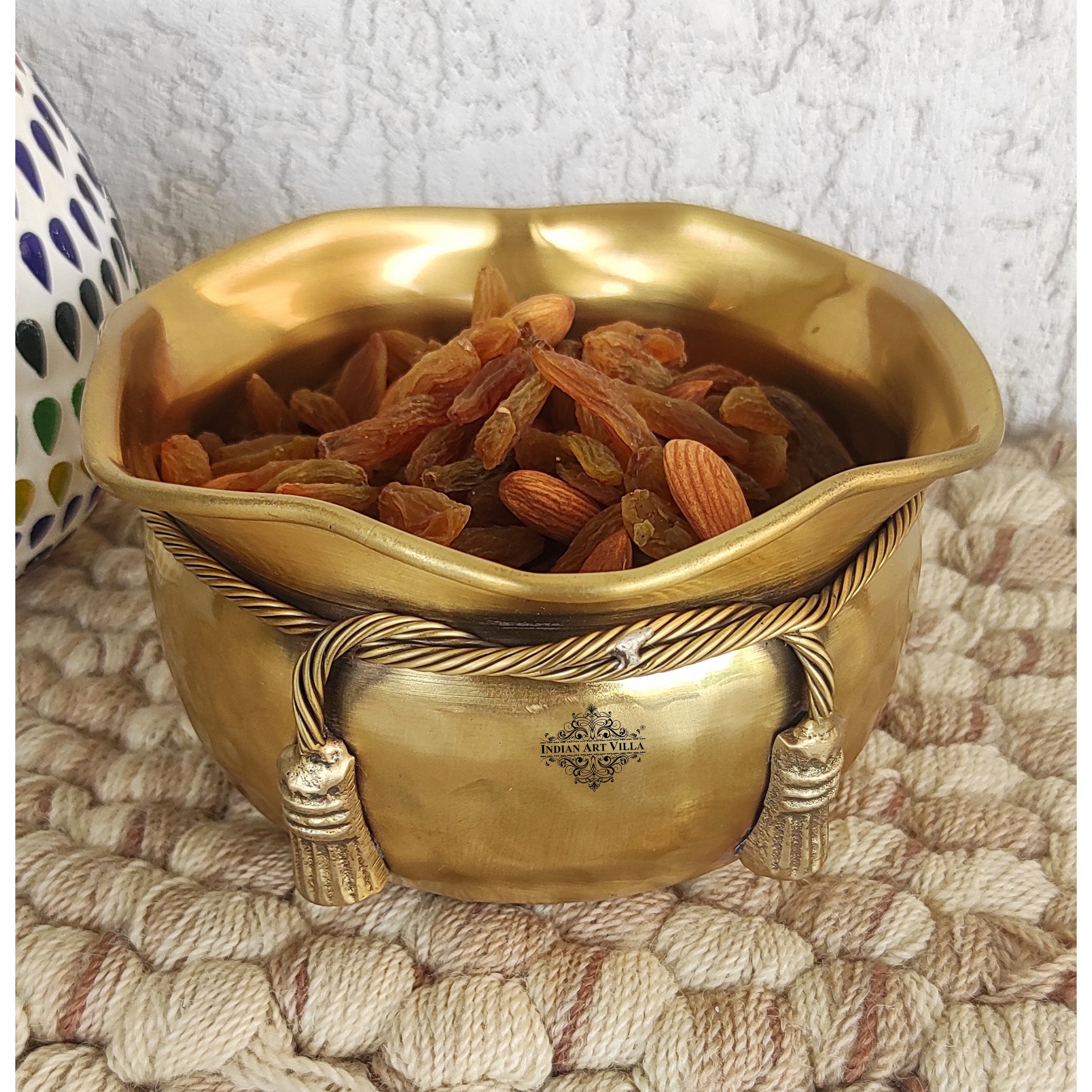 Pure Brass Matt Finish Hammered Design Multipurpose Bowl With Knot On Neck, Decorative Bowl for Home, Office and Table Decor, Volume-700 ML