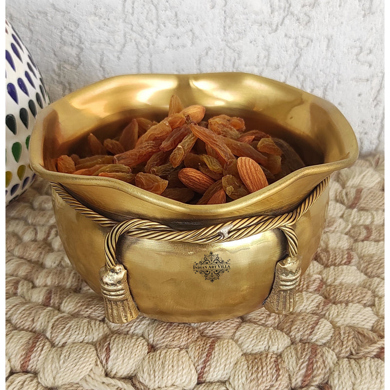 Pure Brass Matt Finish Hammered Design Multipurpose Bowl With Knot On Neck, Decorative Bowl for Home, Office and Table Decor, Volume-700 ML