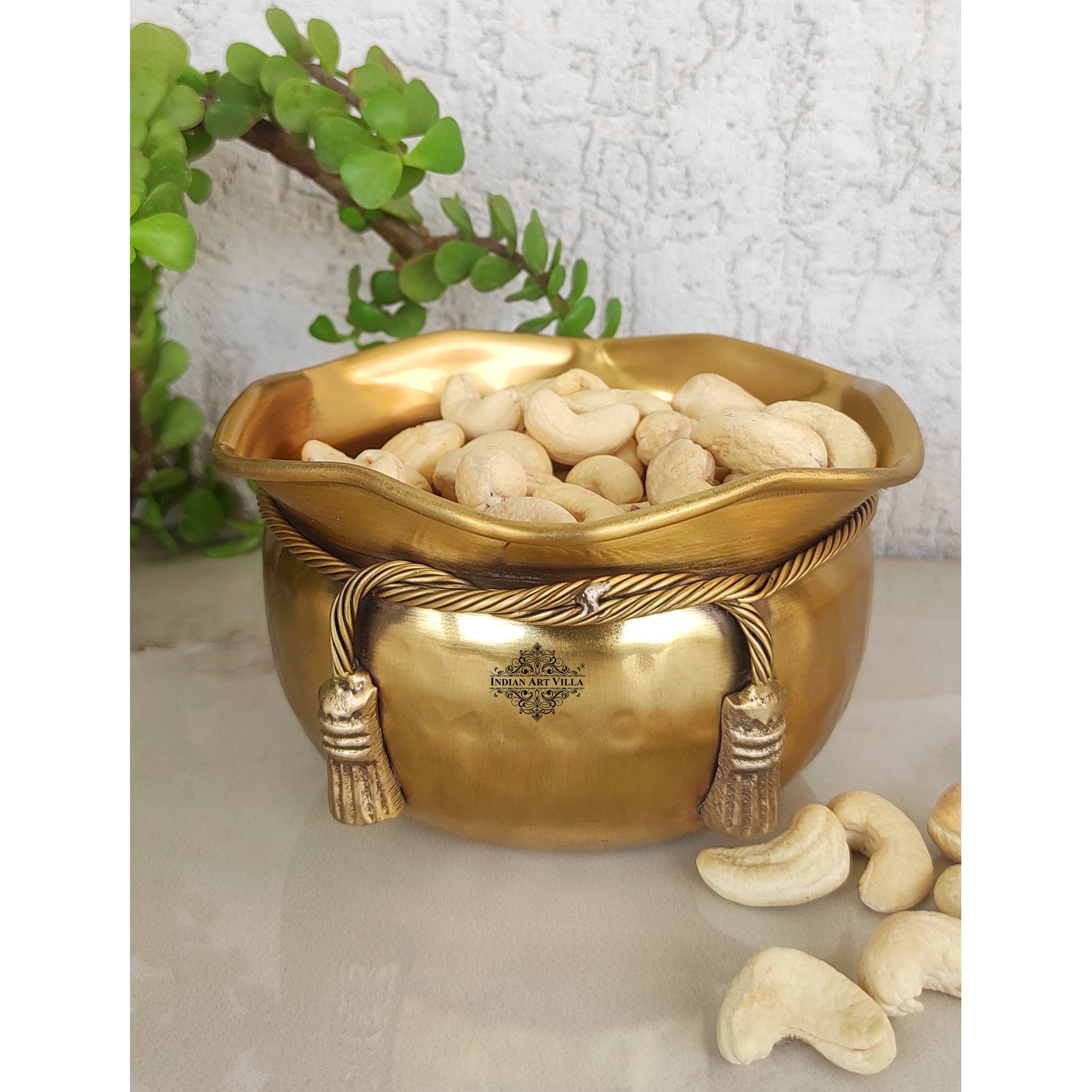 Pure Brass Matt Finish Hammered Design Multipurpose Bowl With Knot On Neck, Decorative Bowl for Home, Office and Table Decor, Volume-700 ML