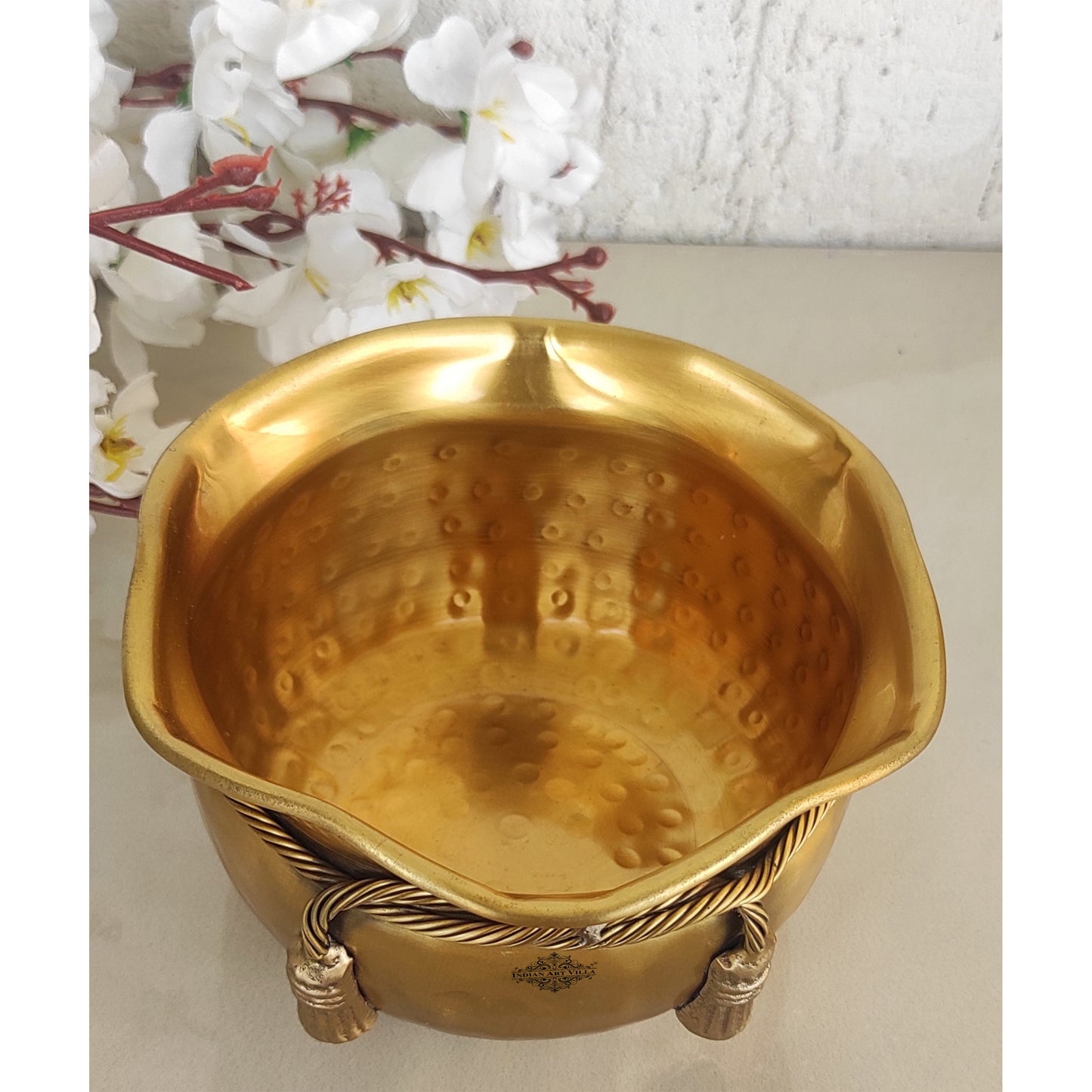 Pure Brass Matt Finish Hammered Design Multipurpose Bowl With Knot On Neck, Decorative Bowl for Home, Office and Table Decor, Volume-700 ML