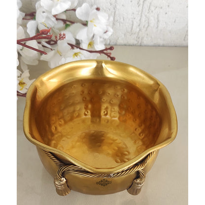 Pure Brass Matt Finish Hammered Design Multipurpose Bowl With Knot On Neck, Decorative Bowl for Home, Office and Table Decor, Volume-700 ML