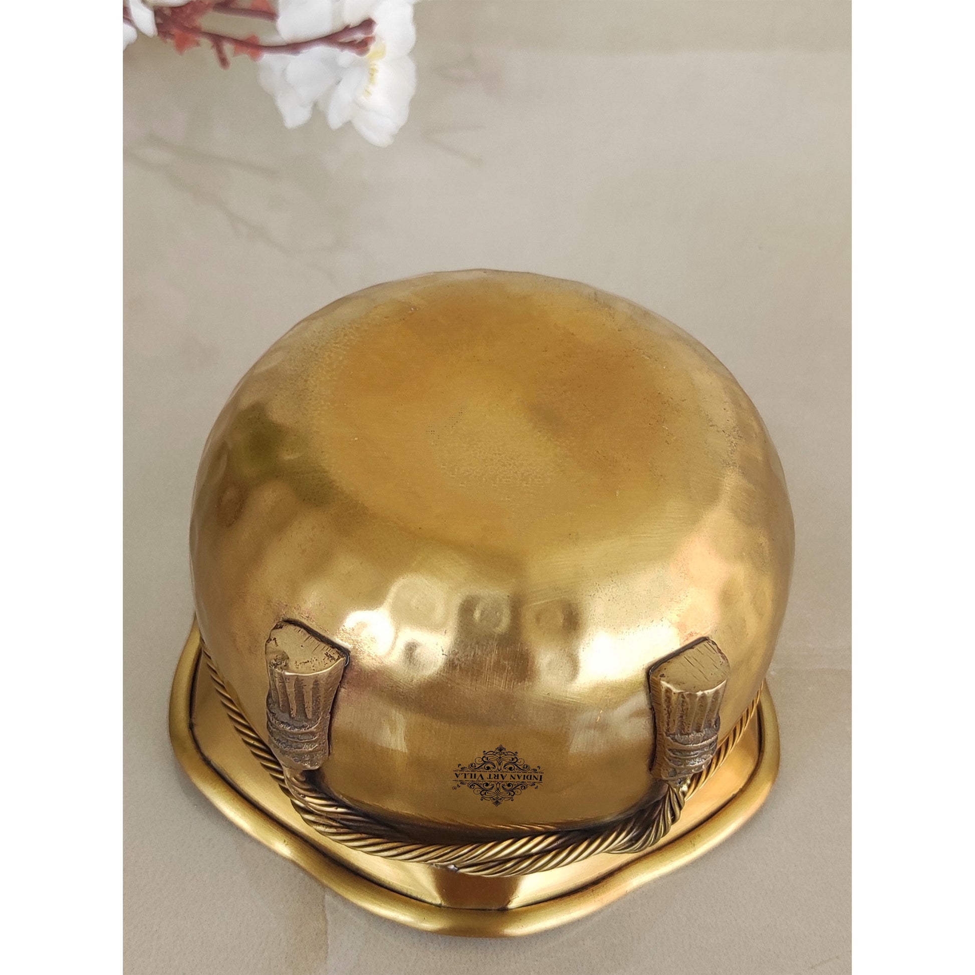 Pure Brass Matt Finish Hammered Design Multipurpose Bowl With Knot On Neck, Decorative Bowl for Home, Office and Table Decor, Volume-700 ML