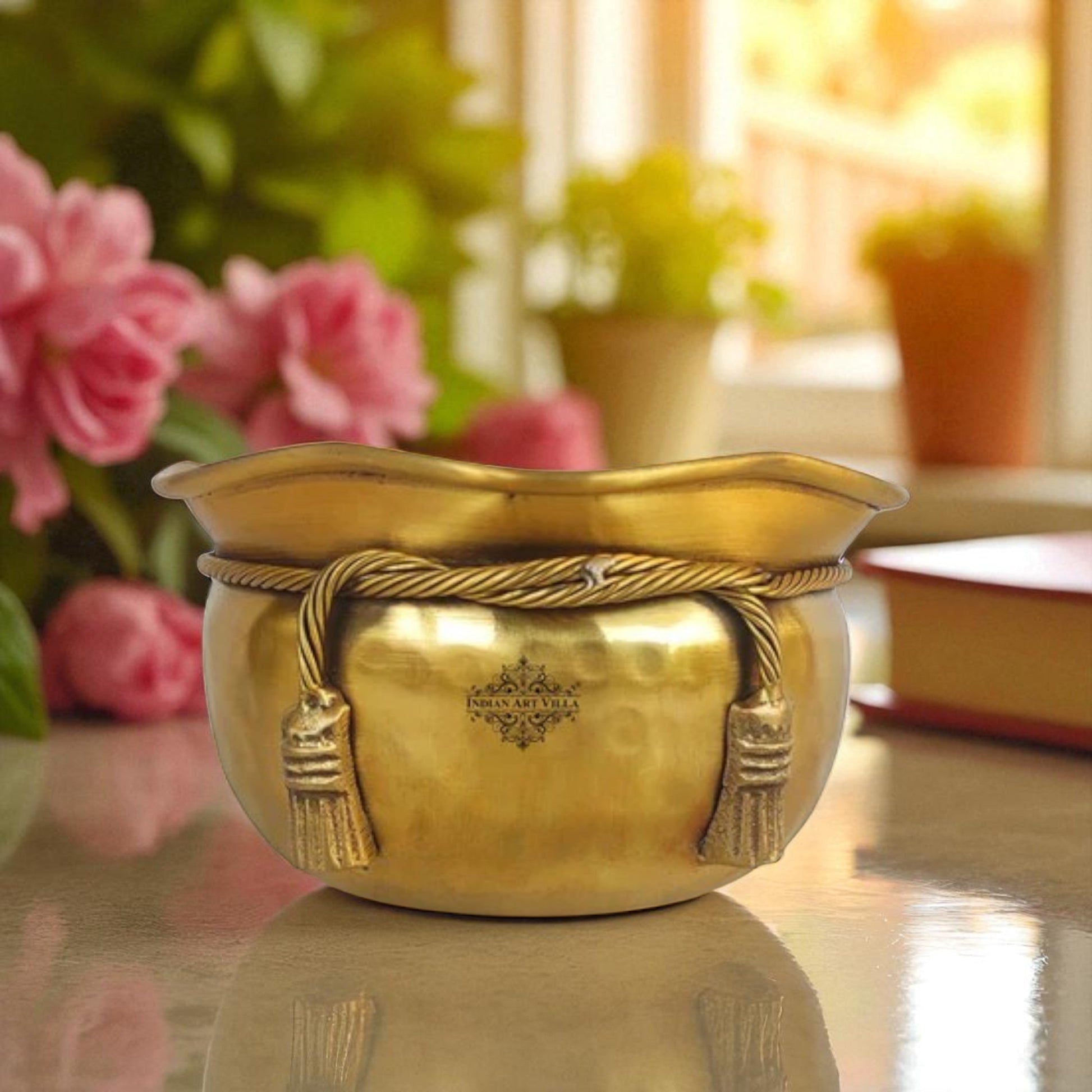 Pure Brass Matt Finish Hammered Design Multipurpose Bowl With Knot On Neck, Decorative Bowl for Home, Office and Table Decor, Volume-700 ML
