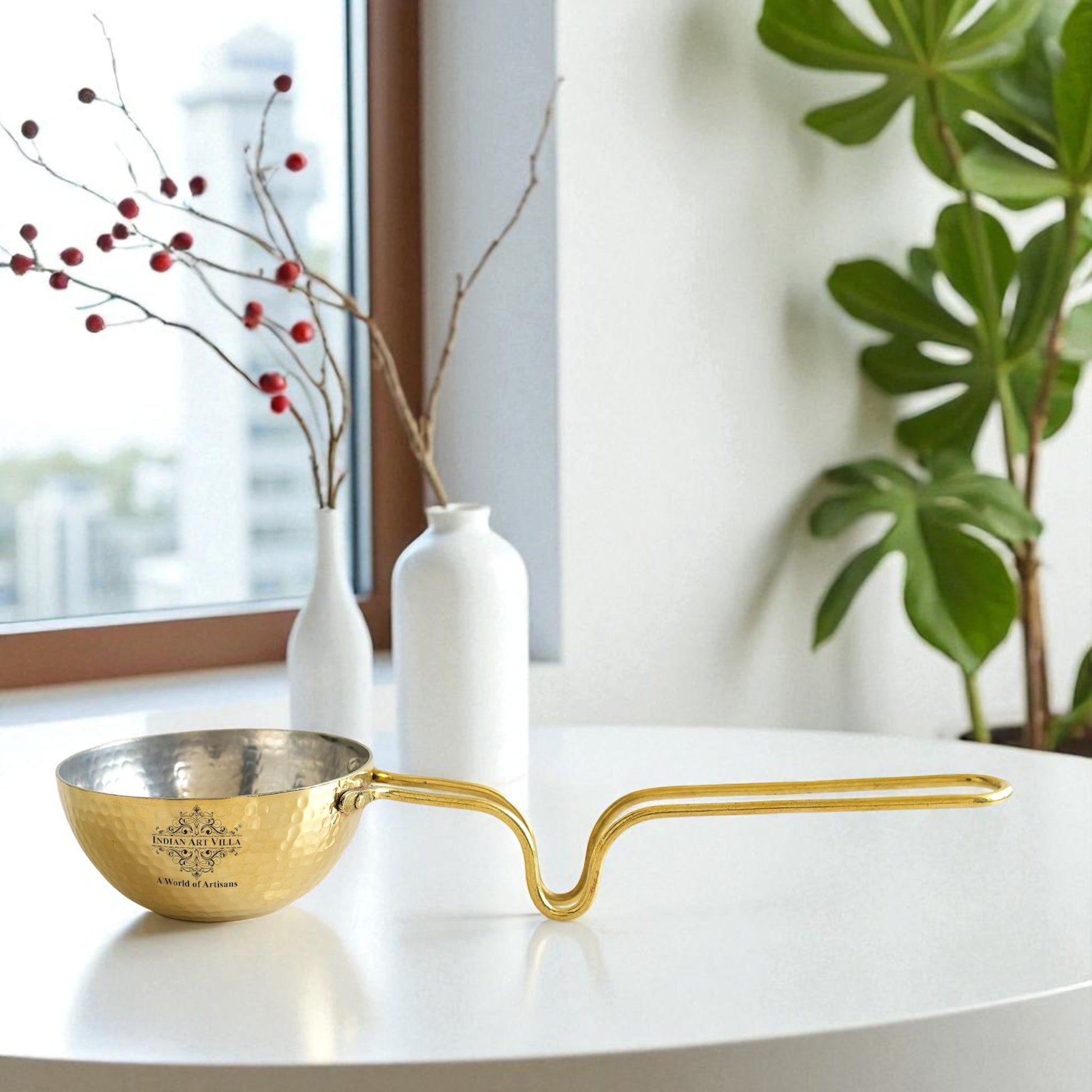 Pure Brass Tadka Pan With Long Handle - Traditional Cookware