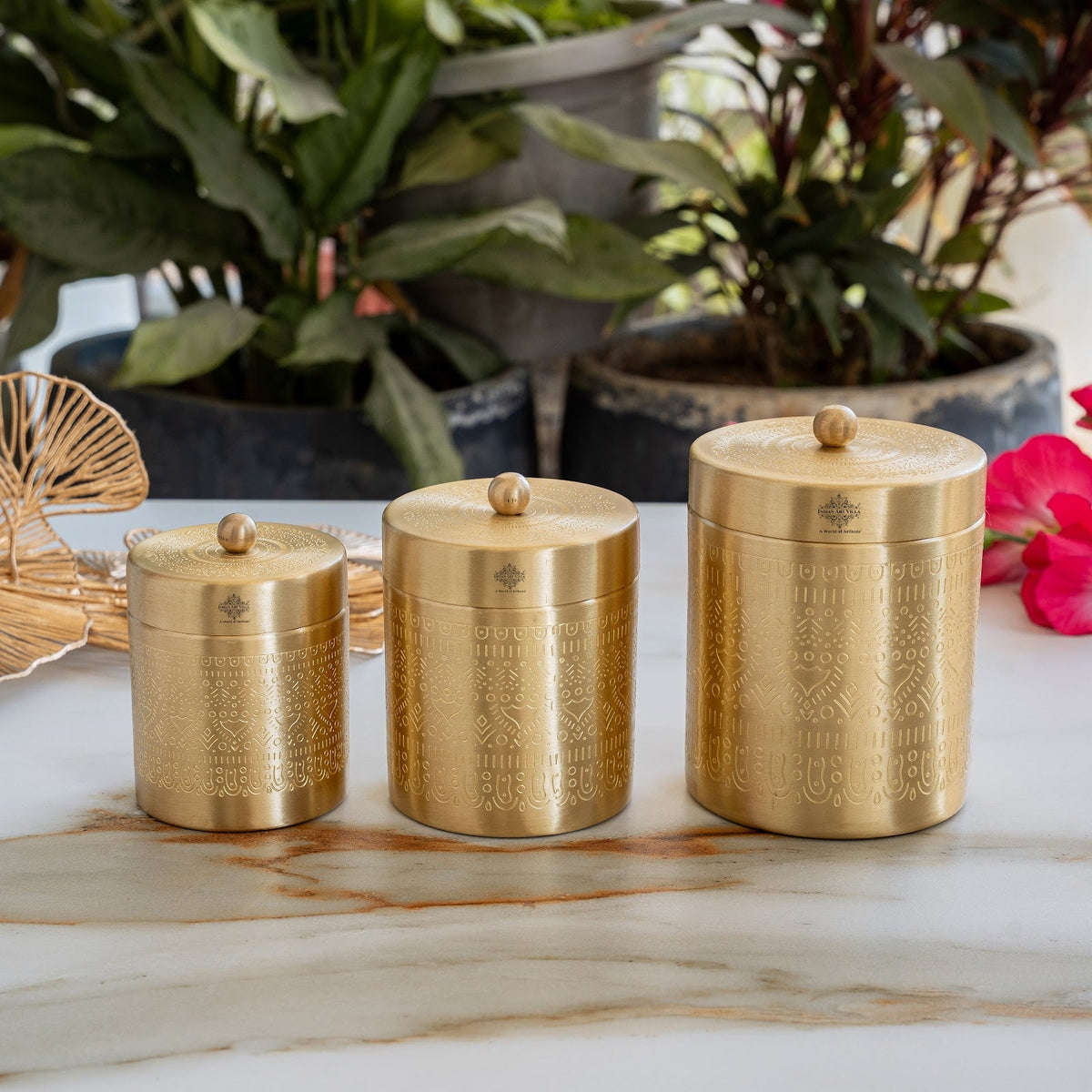 Brass Storage Containers Set of 3 wih Embossed Design, 1000 ML