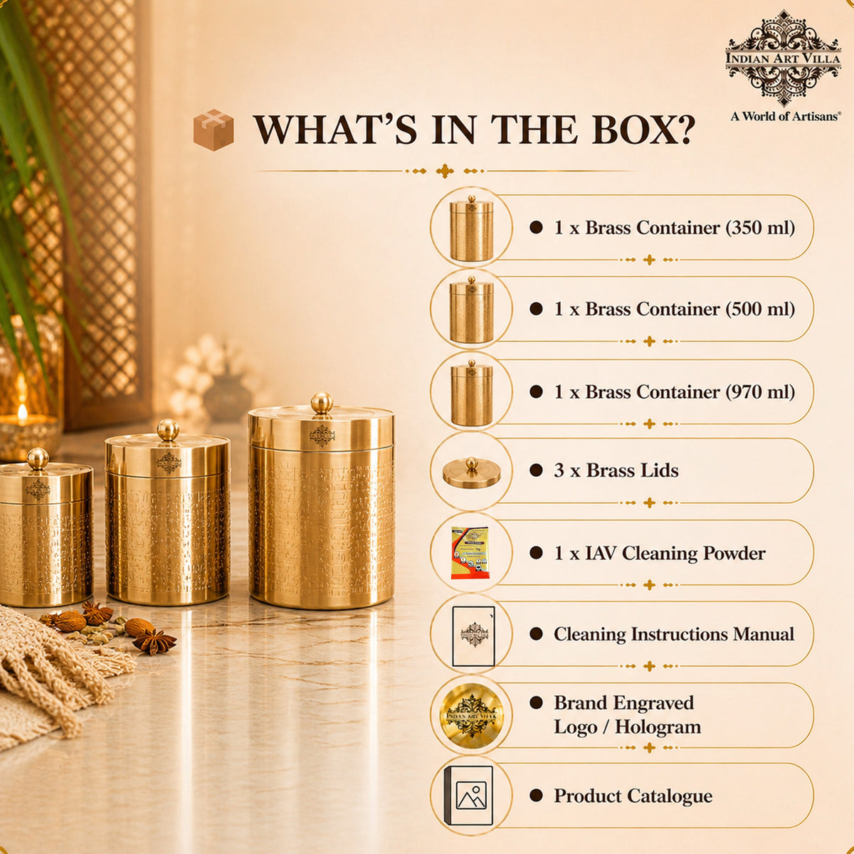 Brass Storage Containers Set of 3 wih Embossed Design, 1000 ML