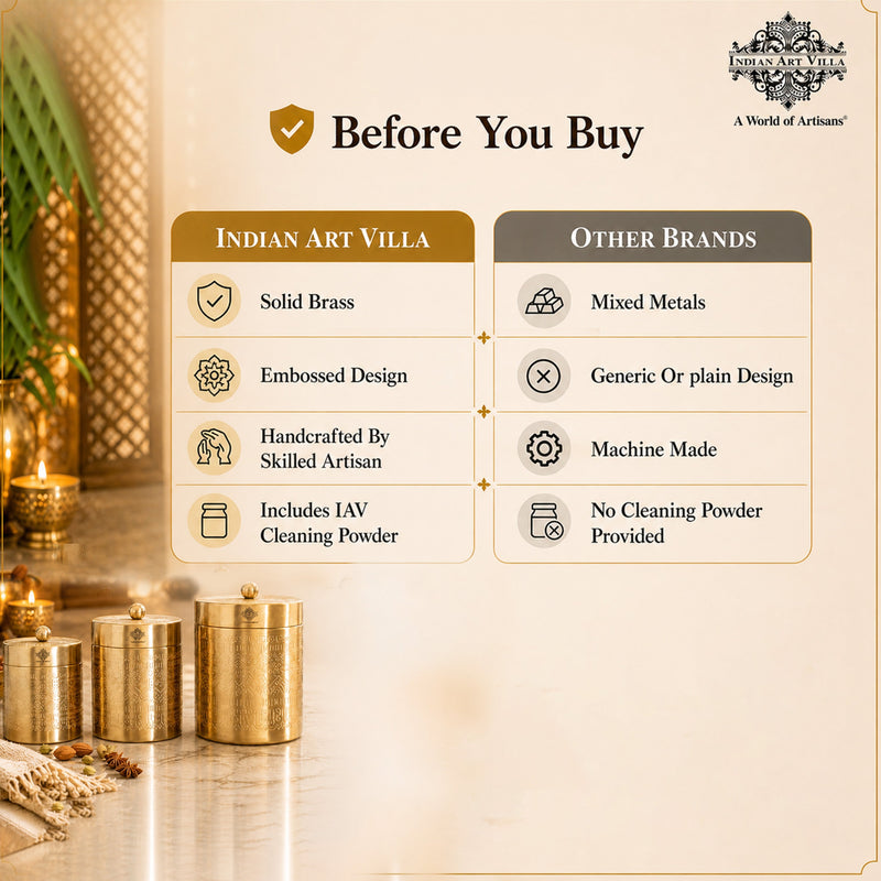 Brass Storage Containers Set of 3 wih Embossed Design, 1000 ML