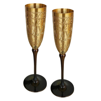Brass Finish Embossed Design Flute Champagne Glass, Bareware, Bar Accessories & Tools For Bars, Catering Venues, Home, Office, Party, Hotels, Volume- 200 ML