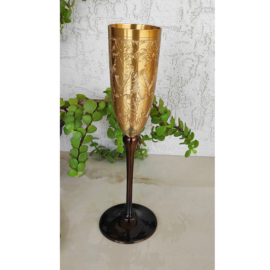 Brass Finish Embossed Design Flute Champagne Glass, Bareware, Bar Accessories & Tools For Bars, Catering Venues, Home, Office, Party, Hotels, Volume- 200 ML