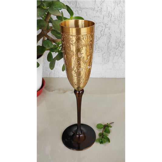 Brass Finish Embossed Design Flute Champagne Glass, Bareware, Bar Accessories & Tools For Bars, Catering Venues, Home, Office, Party, Hotels, Volume- 200 ML