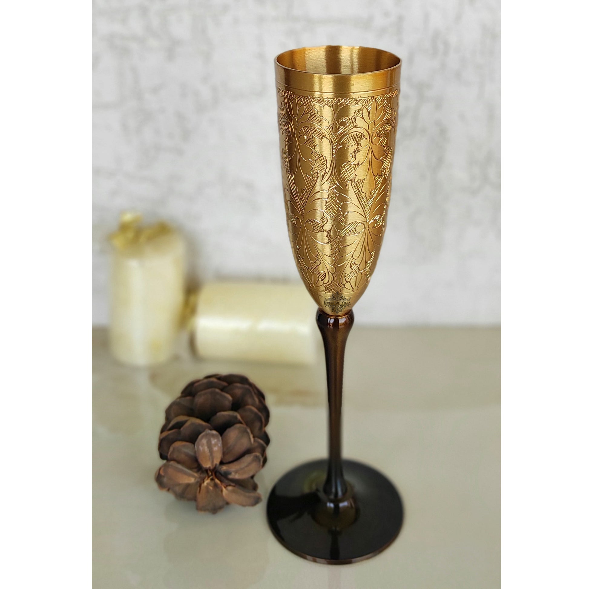 Brass Finish Embossed Design Flute Champagne Glass, Bareware, Bar Accessories & Tools For Bars, Catering Venues, Home, Office, Party, Hotels, Volume- 200 ML
