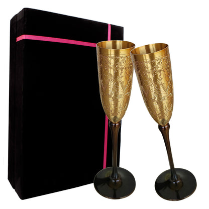 Brass Matt Finish Plain & Embossed Design Flute Champagne Two Glasses Gift Set With Black Velvet Box, Volume- 200 ML
