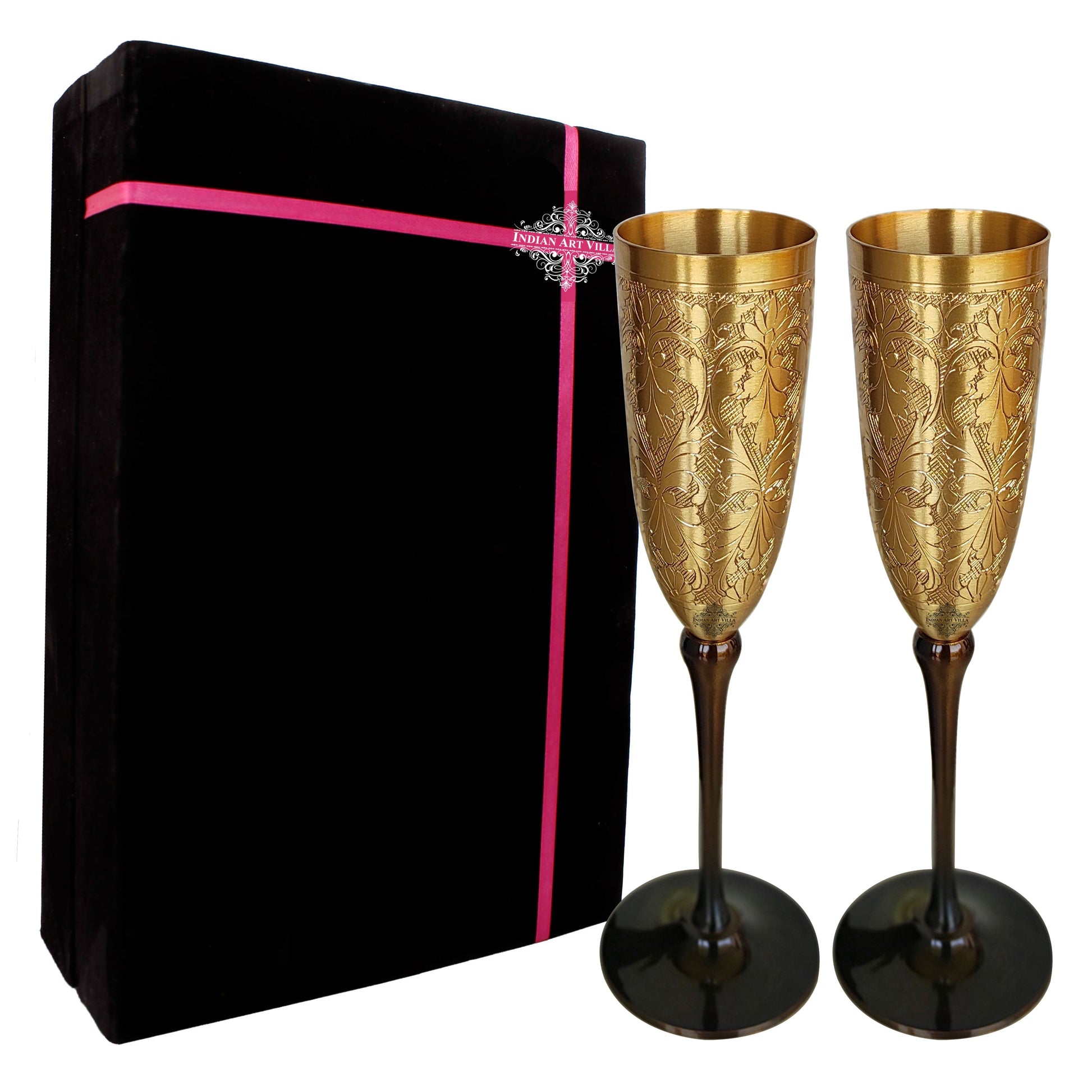 Brass Matt Finish Plain & Embossed Design Flute Champagne Two Glasses Gift Set With Black Velvet Box, Volume- 200 ML