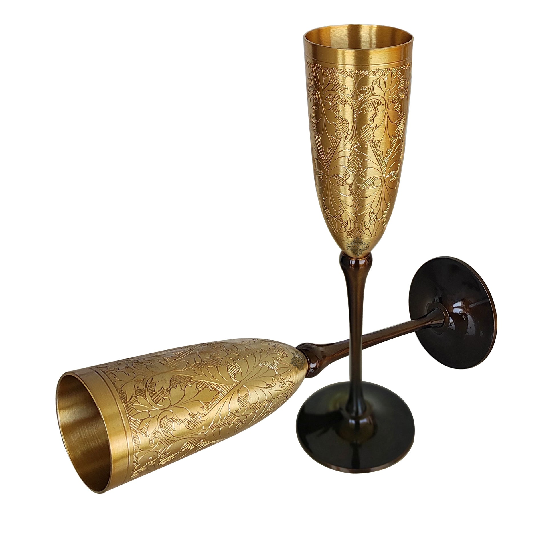 Brass Matt Finish Plain & Embossed Design Flute Champagne Two Glasses Gift Set With Black Velvet Box, Volume- 200 ML