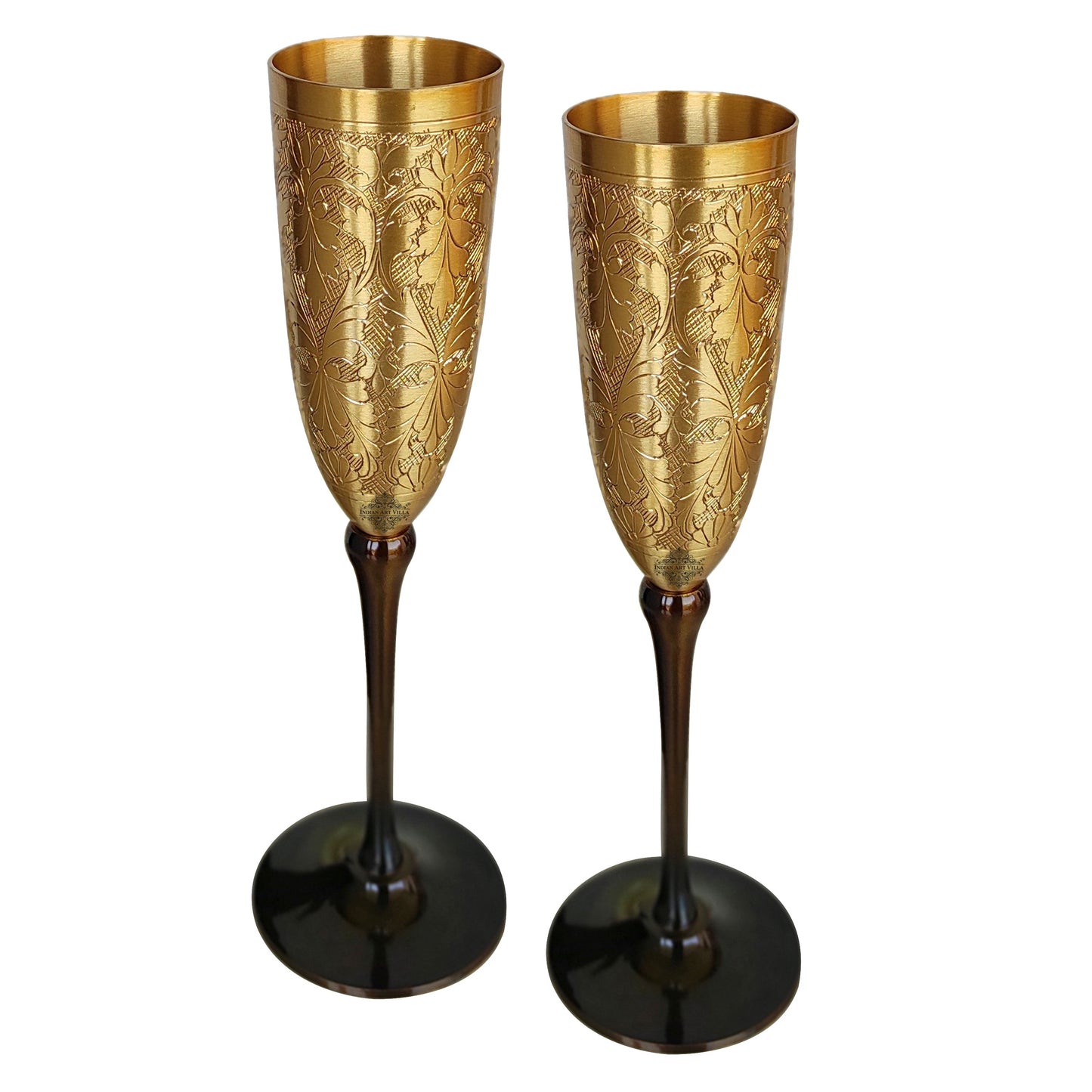 Brass Matt Finish Plain & Embossed Design Flute Champagne Two Glasses Gift Set With Black Velvet Box, Volume- 200 ML