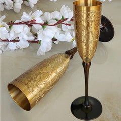 Brass Matt Finish Plain & Embossed Design Flute Champagne Two Glasses Gift Set With Black Velvet Box, Volume- 200 ML