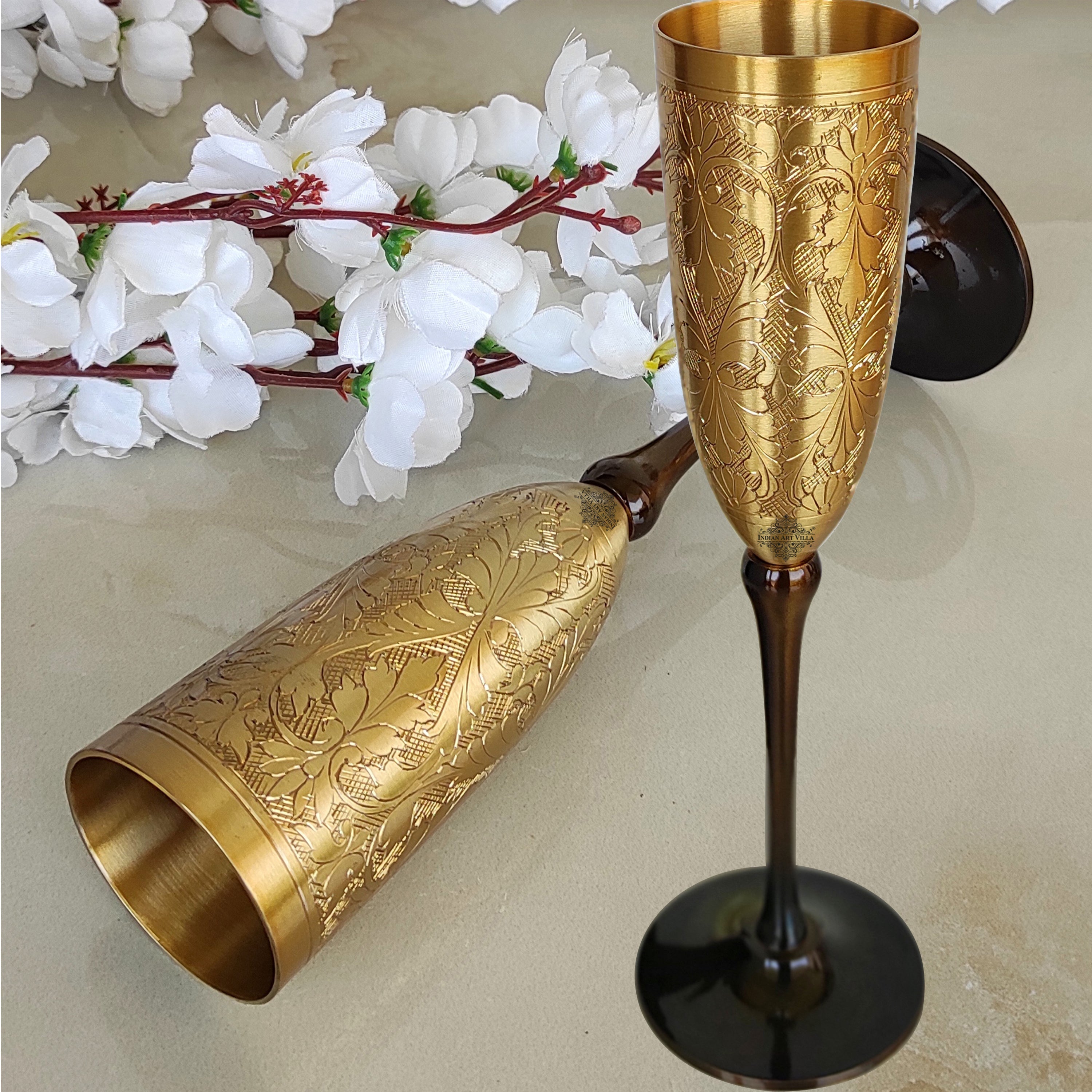 Brass Matt Finish Plain & Embossed Design Flute Champagne Two Glasses Gift Set With Black Velvet Box, Volume- 200 ML